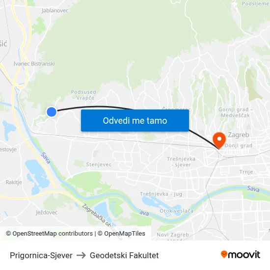 Prigornica-Sjever to Geodetski Fakultet map