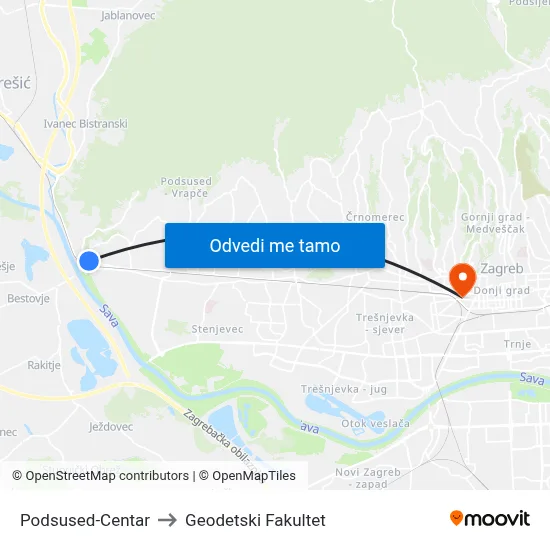 Podsused-Centar to Geodetski Fakultet map