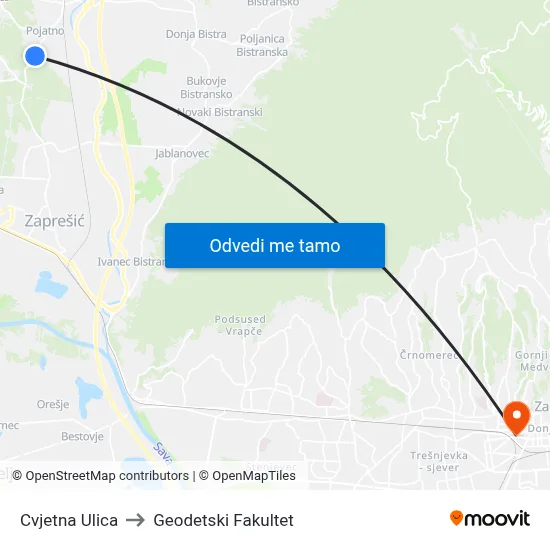 Cvjetna Ulica to Geodetski Fakultet map