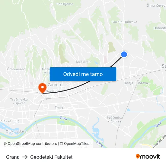 Grana to Geodetski Fakultet map