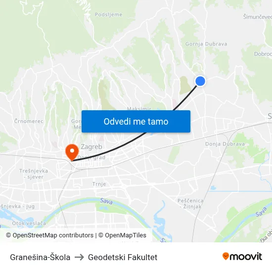 Granešina-Škola to Geodetski Fakultet map
