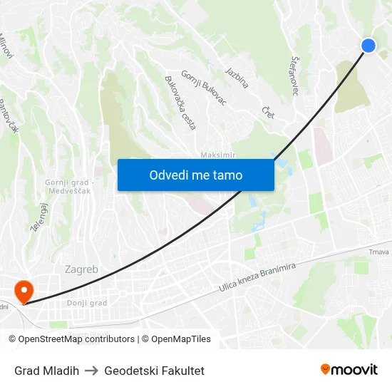 Grad Mladih to Geodetski Fakultet map
