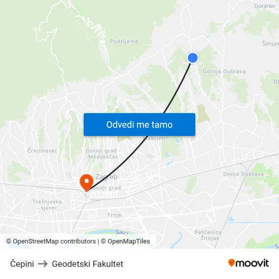 Čepini to Geodetski Fakultet map