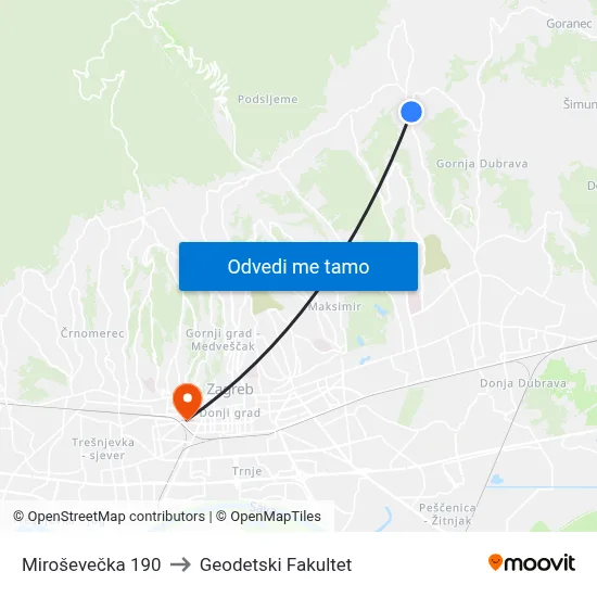 Miroševečka 190 to Geodetski Fakultet map