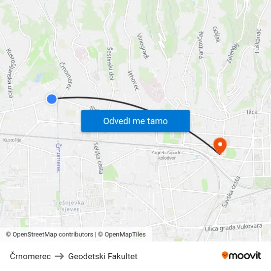 Črnomerec to Geodetski Fakultet map