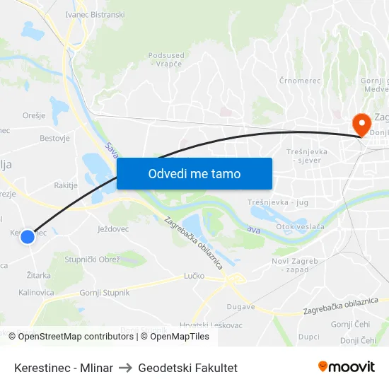 Kerestinec - Mlinar to Geodetski Fakultet map