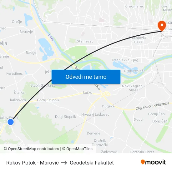 Rakov Potok - Marović to Geodetski Fakultet map