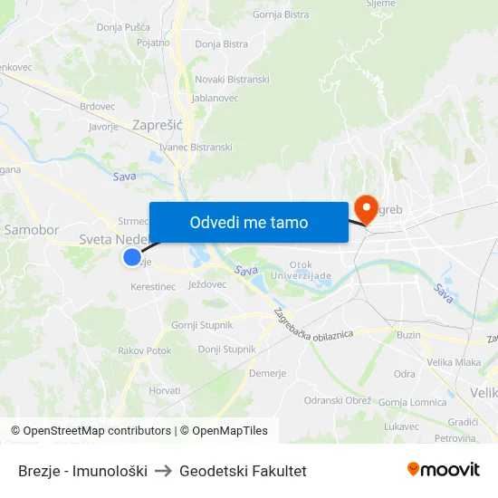 Brezje - Imunološki to Geodetski Fakultet map