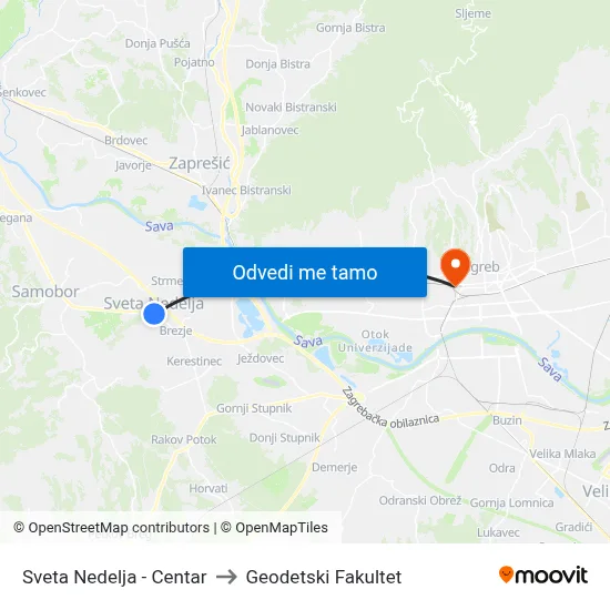 Sveta Nedelja - Centar to Geodetski Fakultet map