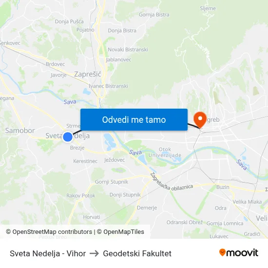 Sveta Nedelja - Vihor to Geodetski Fakultet map