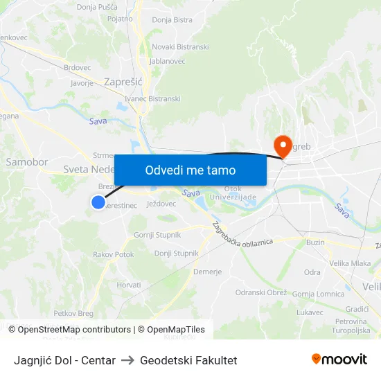 Jagnjić Dol - Centar to Geodetski Fakultet map