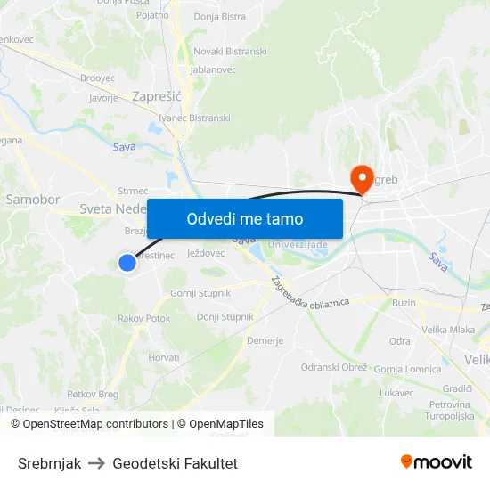 Srebrnjak to Geodetski Fakultet map