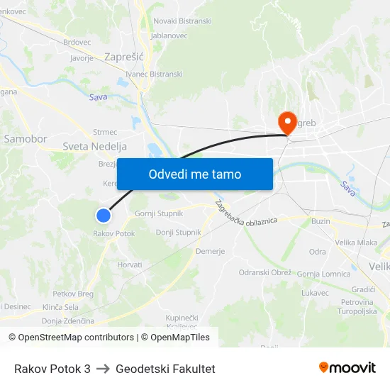 Rakov Potok 3 to Geodetski Fakultet map