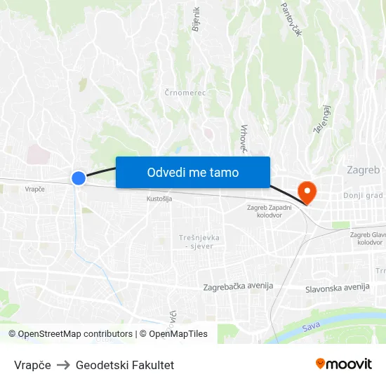Vrapče to Geodetski Fakultet map