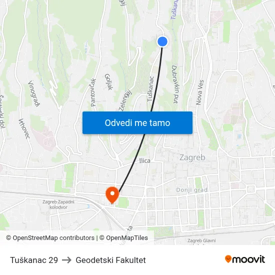 Tuškanac 29 to Geodetski Fakultet map