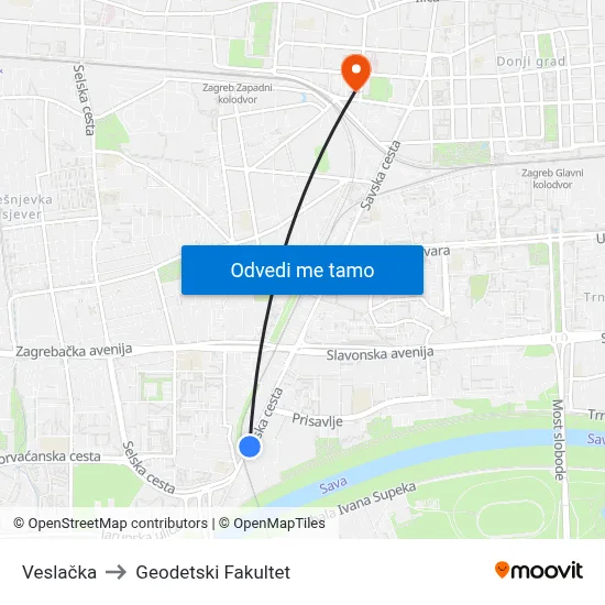 Veslačka to Geodetski Fakultet map