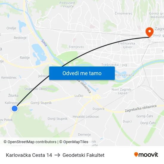 Karlovačka Cesta 14 to Geodetski Fakultet map