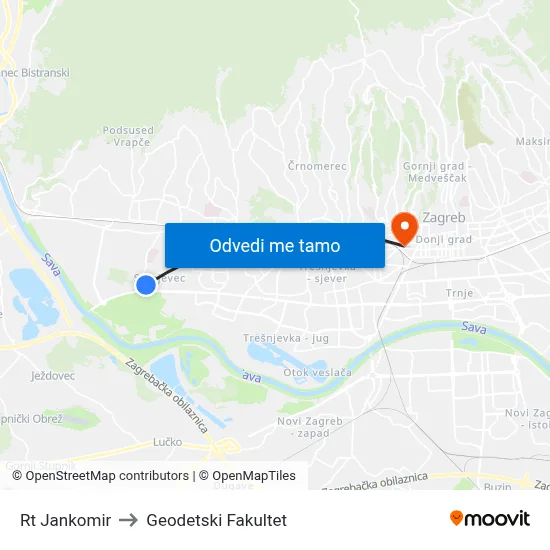 Rt Jankomir to Geodetski Fakultet map