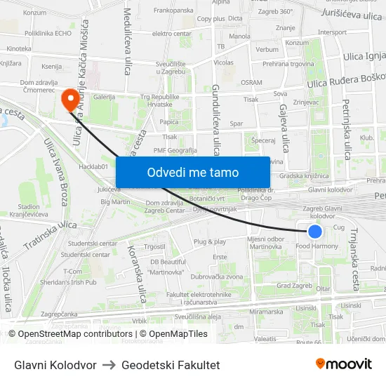 Glavni Kolodvor to Geodetski Fakultet map