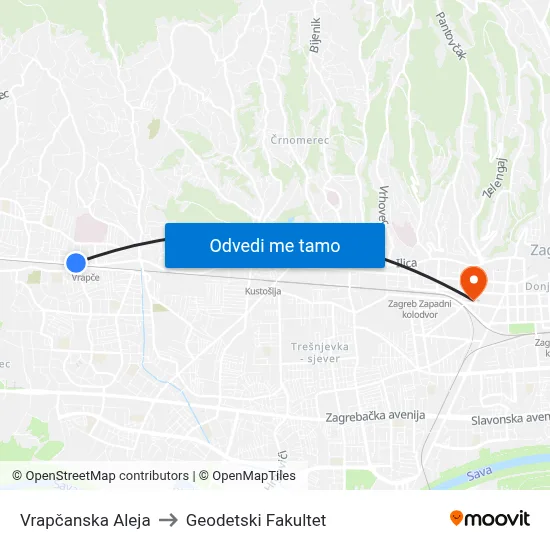 Vrapčanska Aleja to Geodetski Fakultet map