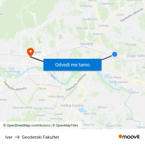 Iver to Geodetski Fakultet map