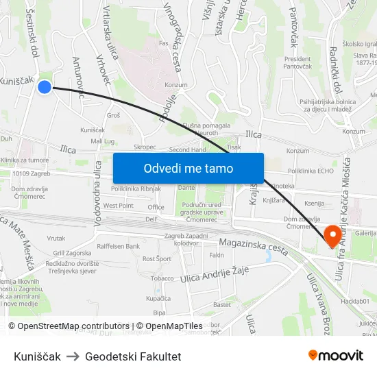 Kuniščak to Geodetski Fakultet map