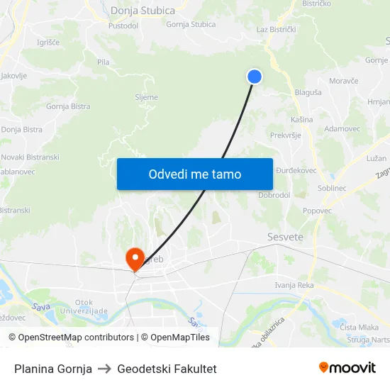 Planina Gornja to Geodetski Fakultet map