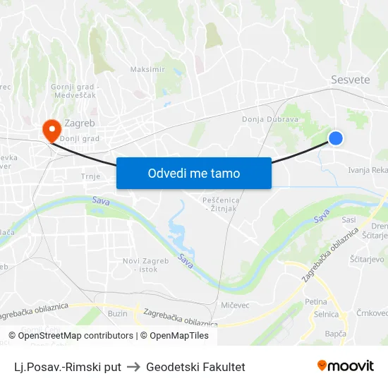 Lj.Posav.-Rimski put to Geodetski Fakultet map