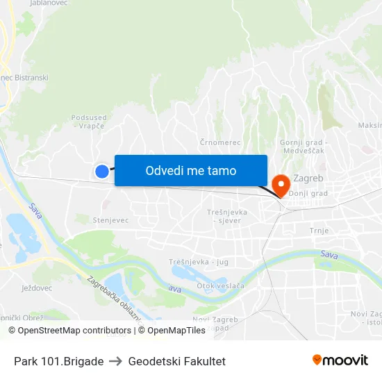 Park 101.Brigade to Geodetski Fakultet map