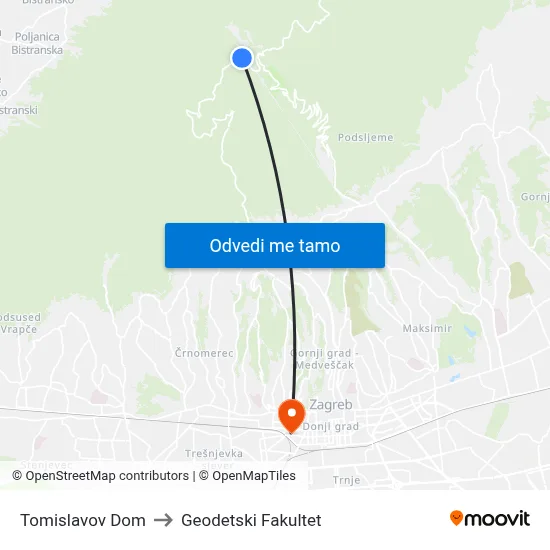 Tomislavov Dom to Geodetski Fakultet map