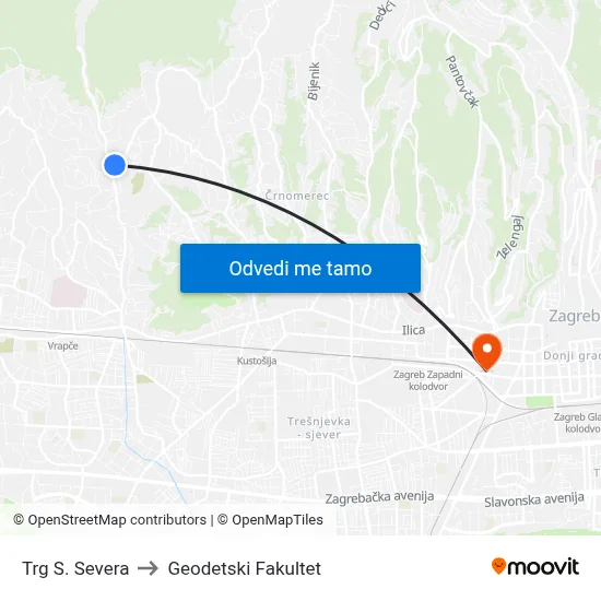 Trg S. Severa to Geodetski Fakultet map