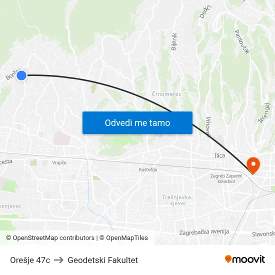 Orešje 47c to Geodetski Fakultet map