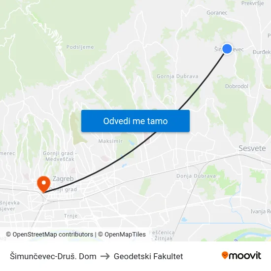 Šimunčevec-Druš. Dom to Geodetski Fakultet map
