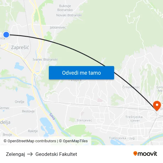 Zelengaj to Geodetski Fakultet map