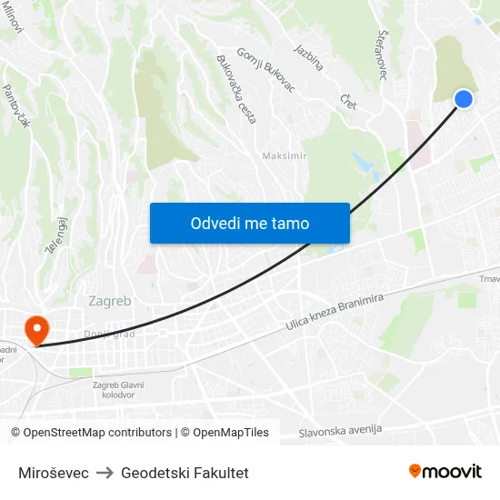 Miroševec to Geodetski Fakultet map