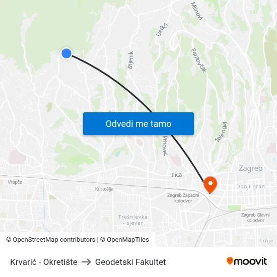 Krvarić - Okretište to Geodetski Fakultet map