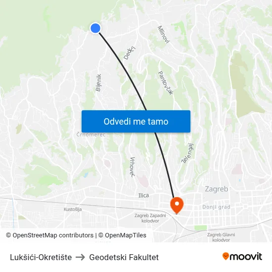 Lukšići-Okretište to Geodetski Fakultet map