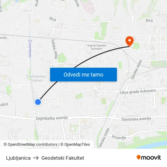 Ljubljanica to Geodetski Fakultet map