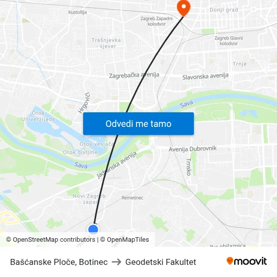 Bašćanske Ploče, Botinec to Geodetski Fakultet map