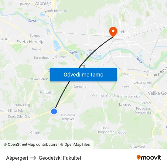 Ašpergeri to Geodetski Fakultet map