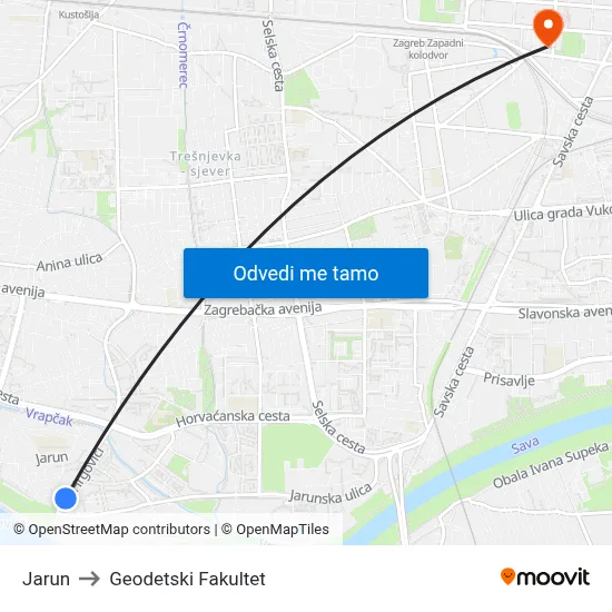 Jarun to Geodetski Fakultet map