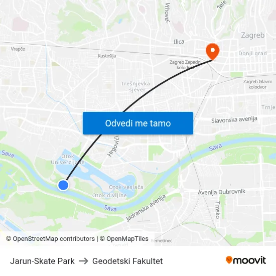 Jarun-Skate Park to Geodetski Fakultet map