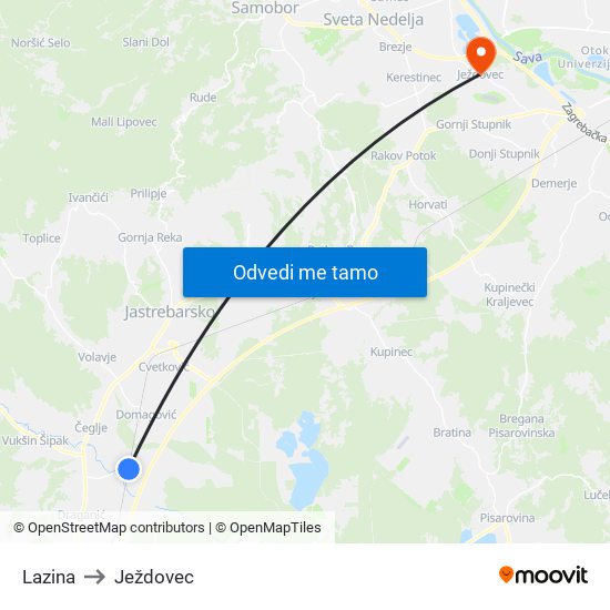 Lazina to Ježdovec map