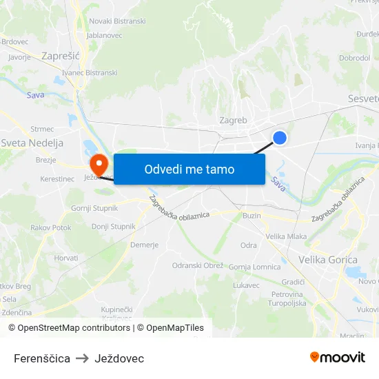 Ferenščica to Ježdovec map
