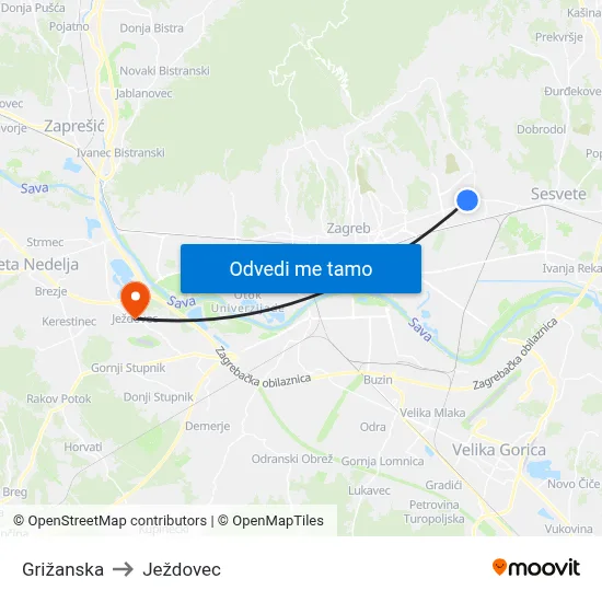 Grižanska to Ježdovec map
