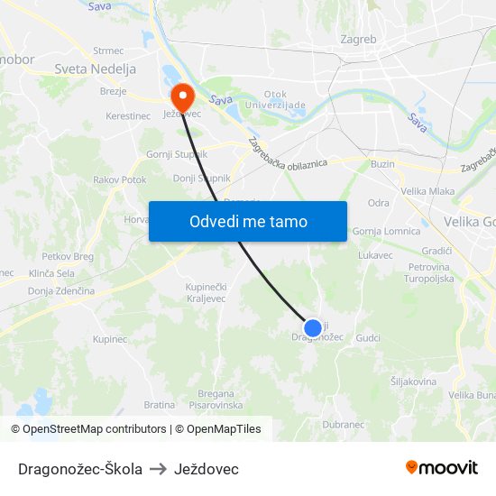 Dragonožec-Škola to Ježdovec map