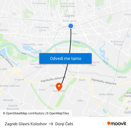 Zagreb Glavni Kolodvor to Donji Čehi map