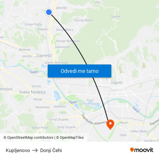 Kupljenovo to Donji Čehi map