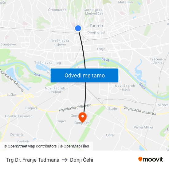 Trg Dr. Franje Tuđmana to Donji Čehi map