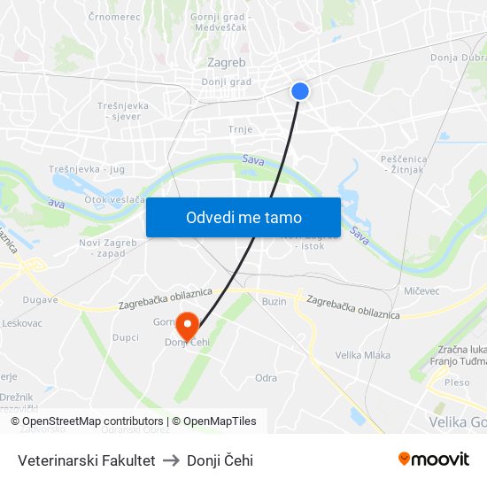 Veterinarski Fakultet to Donji Čehi map